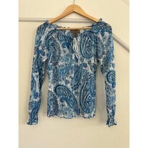Blue Paisley Lace Long Sleeve Blouse Women Petite MED Y2K Boho Coquette Western